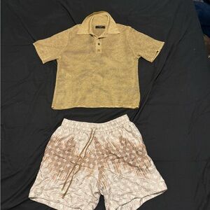 Beige Knit Polo Shirt and Patterned Shorts Set